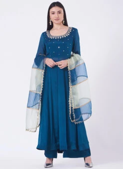 Blue Chinon Silk Mirror Work Anarkali Suit Wedding Wear -ZariGrace Shop Blue Chinon Silk Mirror Work Anarkali Suit SLDVC161 u