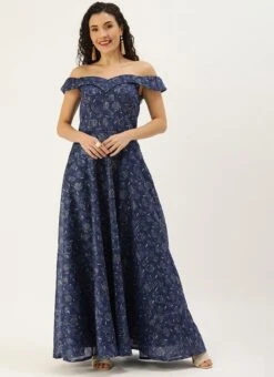 Blue Digital Printed Art Silk Off Shoulder Dress After Six Wear -ZariGrace Shop Blue Digital Printed Art Silk Off Shoulder Dress DRBS02109715 u