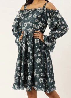 Blue Digital Printed Chinon Dress Party Wear