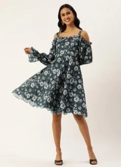 Blue Digital Printed Chinon Dress Party Wear -ZariGrace Shop Blue Digital Printed Chinon Dress DRBS02308892 u