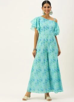 Blue Digital Printed Georgette Jumpsuit After Six Wear -ZariGrace Shop Blue Digital Printed Georgette Jumpsuit DRBS02304086 u