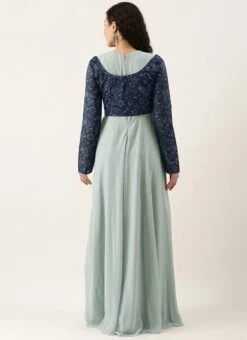 Blue Digital Printed Jacket Slit Style Dress Festive Wear -ZariGrace Shop Blue Digital Printed Jacket Slit Style Dress DRBS02110014 b