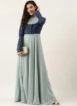 Blue Digital Printed Jacket Slit Style Dress Festive Wear -ZariGrace Shop Blue Digital Printed Jacket Slit Style Dress DRBS02110014 u