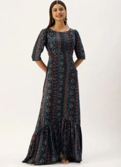 Blue Digital Printed Maxi Dress Party Wear -ZariGrace Shop Blue Digital Printed Maxi Dress DRBS02110966 u