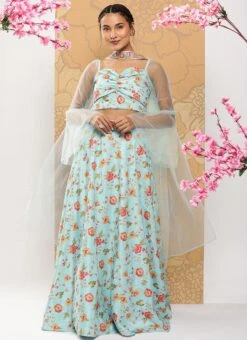 Dupatta From Blue Embroidered Art Silk Bell Sleeves Lehenga After Six Wear -ZariGrace Shop Blue Embroidered Art Silk Bell Sleeves Lehenga GHBS02302148 u