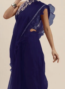 Blue Embroidered N Ruffles Saree Party Wear