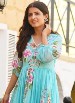 Blue Faux Chiffon Digital Print Fit And Flare Dress After Six Wear -ZariGrace Shop Blue Faux Chiffon Digital Print Fit And Flare Dress DRSSUF1302 b