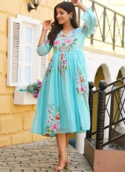 Blue Faux Chiffon Digital Print Fit And Flare Dress After Six Wear -ZariGrace Shop Blue Faux Chiffon Digital Print Fit And Flare Dress DRSSUF1302 u