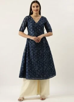 Blue Foil Calf Length Kurta Set After Six Wear -ZariGrace Shop Blue Foil Calf Length Kurta Set KSBS02201303 u