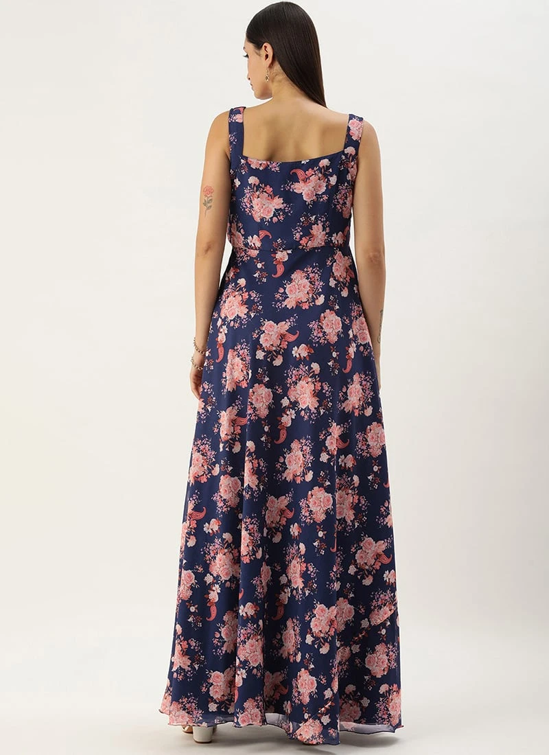 Blue Georgette Digital Printed Dress Party Wear 6 Blue Georgette Digital Printed Dress Party Wear - Image 4