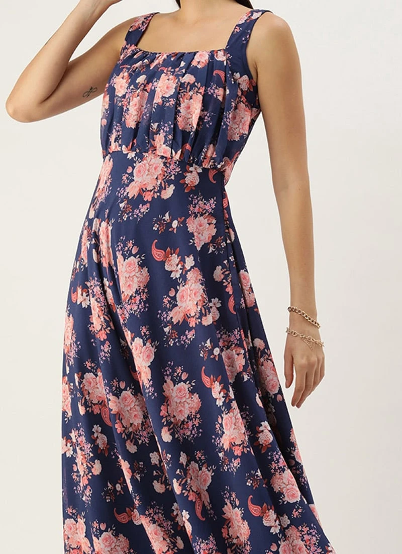 Blue Georgette Digital Printed Dress Party Wear 3 Blue Georgette Digital Printed Dress Party Wear