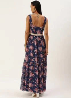 Blue Georgette Digital Printed Tiered Dress Festive Wear -ZariGrace Shop Blue Georgette Digital Printed Tiered Dress DRBS02302270 b