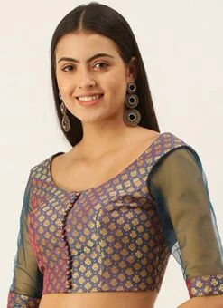 Blue Jacquard Blouse Festive Wear -ZariGrace Shop Blue Jacquard Blouse BLBS02305286 u