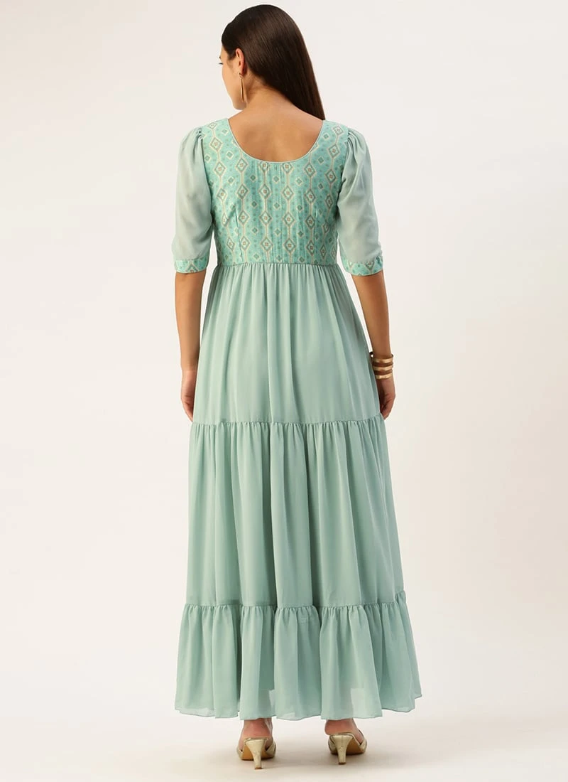 Blue Modal Satin N Geogette Flare Dress Festive Wear 6 Blue Modal Satin N Geogette Flare Dress Festive Wear - Image 4