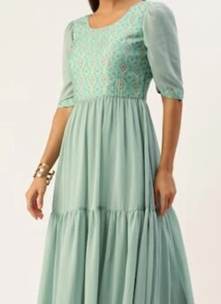 Blue Modal Satin N Geogette Flare Dress Festive Wear