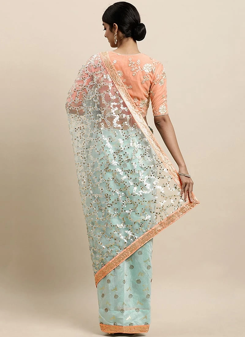 Blue N Mauve Low V Neck Saree Wedding Wear 6 Blue N Mauve Low V Neck Saree Wedding Wear - Image 4