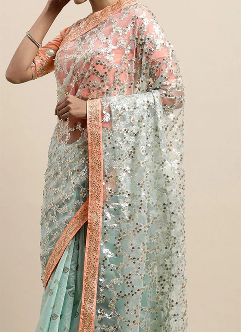 Blue N Mauve Low V Neck Saree Wedding Wear 3 Blue N Mauve Low V Neck Saree Wedding Wear