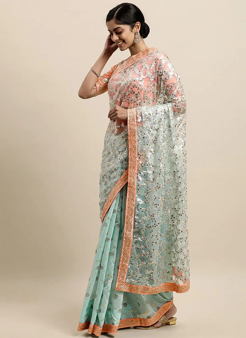 Blue N Mauve Low V Neck Saree Wedding Wear 5 Blue N Mauve Low V Neck Saree Wedding Wear - Image 3