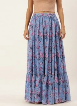 Blue N Pink Digital Printed Georgette Tiered Skirt Festive Wear -ZariGrace Shop Blue N Pink Digital Printed Georgette Tiered Skirt WBBS02012681 u