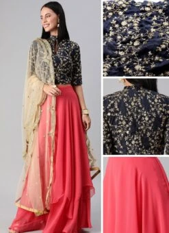 Blue N Pink Embroidered Layered Lehenga Party Wear -ZariGrace Shop Blue N Pink Embroidered Layered Lehenga GHBS01912013 gl