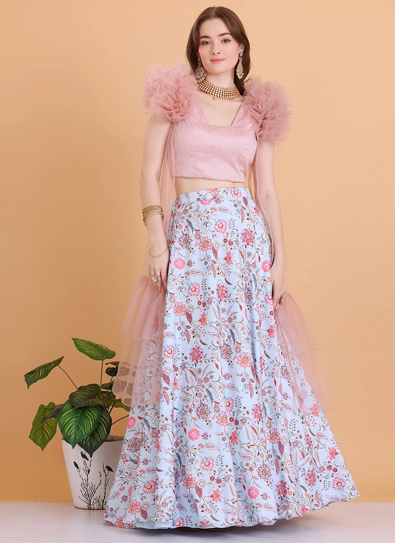 Blue N Pink Embroidered Lehenga With Jacket Festive Wear 5 Blue N Pink Embroidered Lehenga With Jacket Festive Wear - Image 3