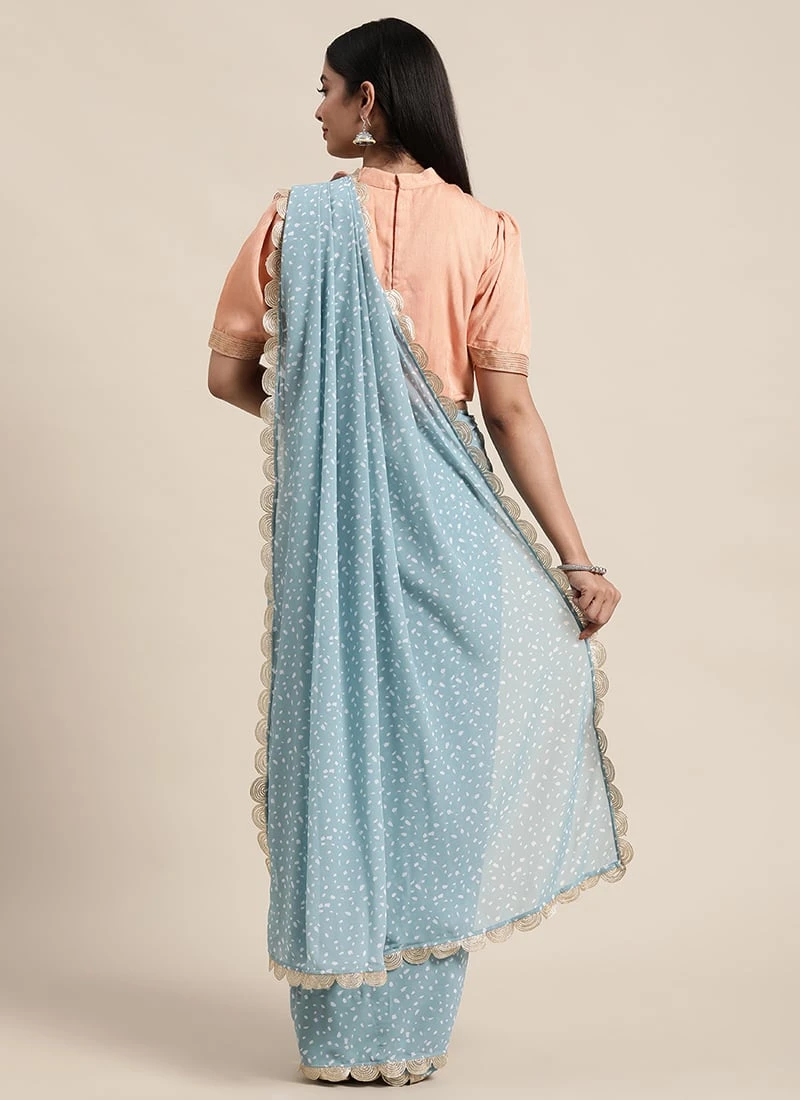 Blue N White Digital Printed Georgette N Blouse Festive Wear 6 Blue N White Digital Printed Georgette N Blouse Festive Wear - Image 4