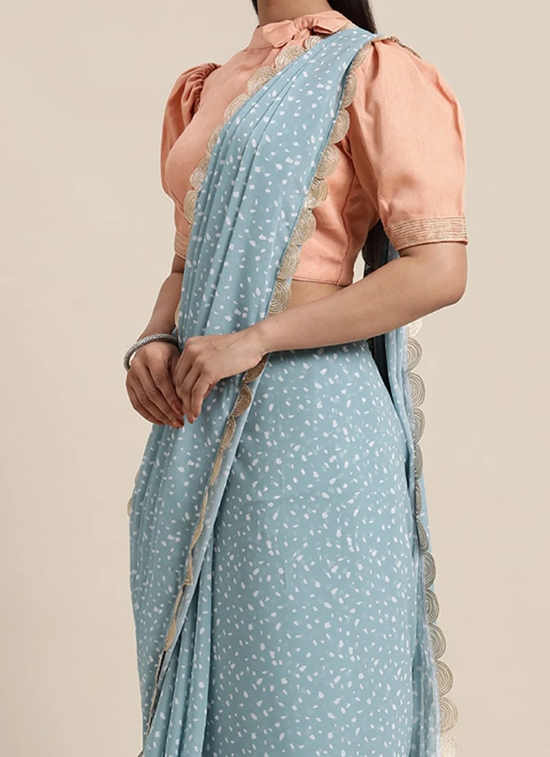 Blue N White Digital Printed Georgette N Blouse Festive Wear 3 Blue N White Digital Printed Georgette N Blouse Festive Wear