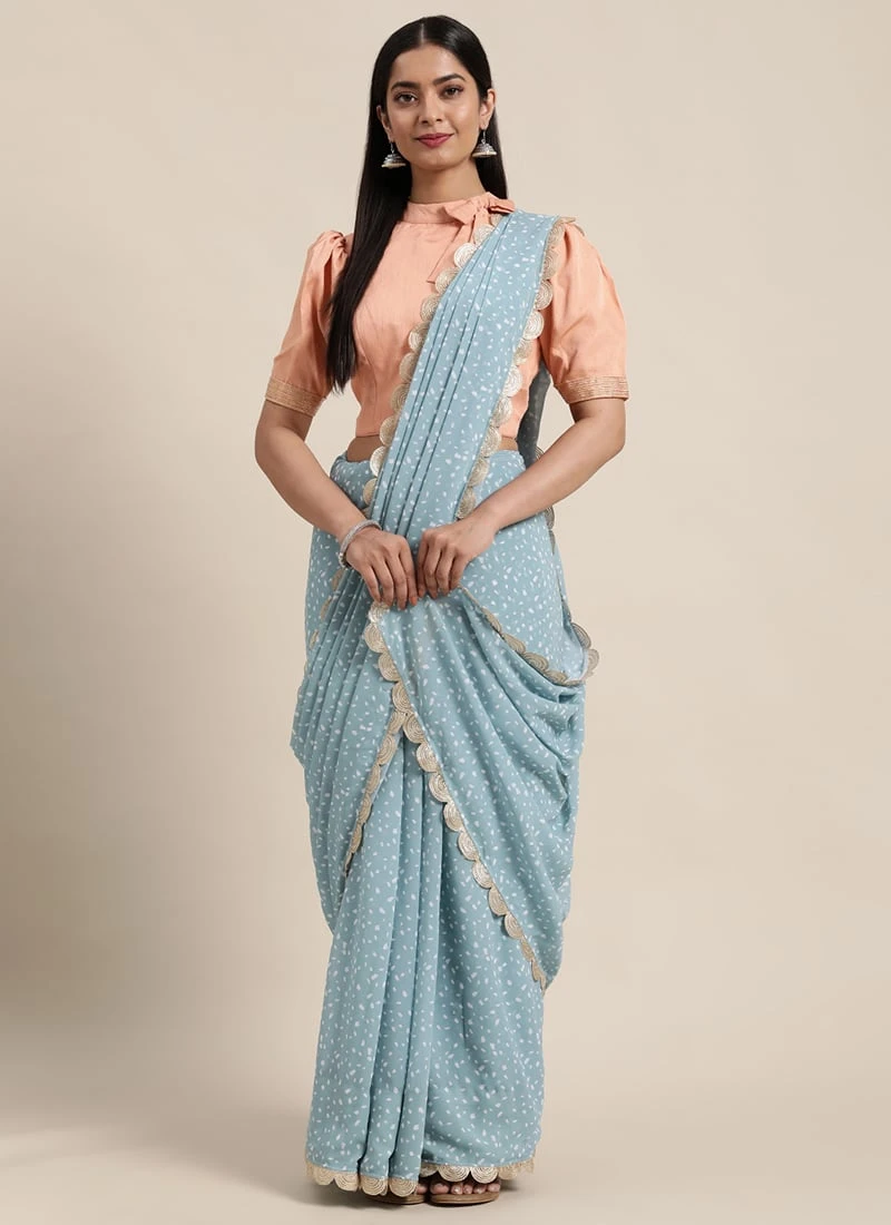 Blue N White Digital Printed Georgette N Blouse Festive Wear 5 Blue N White Digital Printed Georgette N Blouse Festive Wear - Image 3