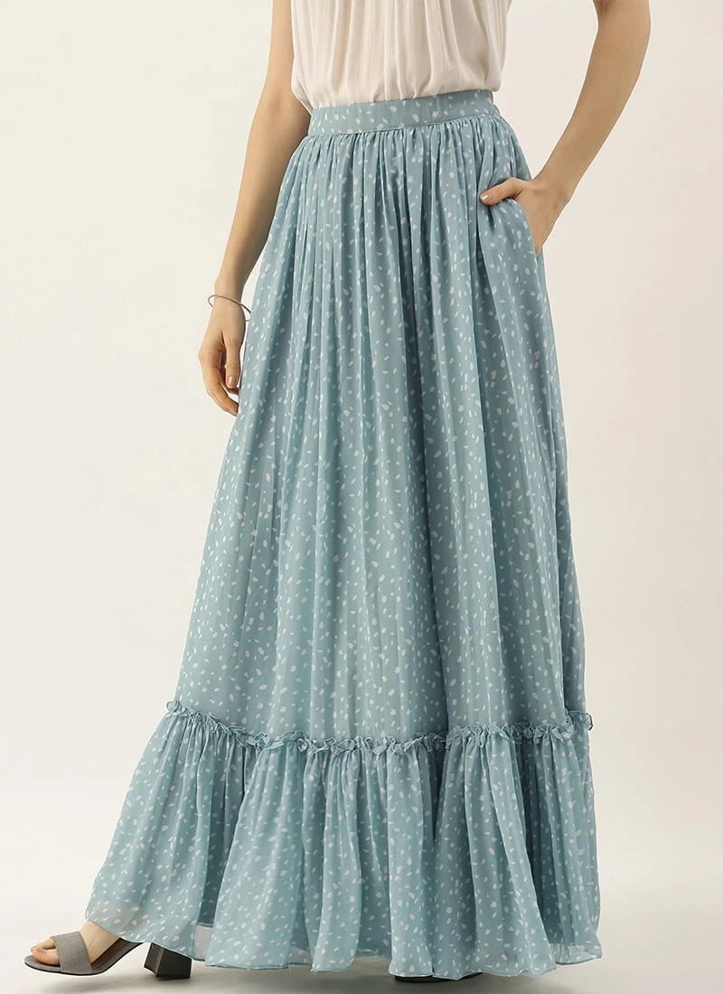 Blue N White Digital Printed Georgette Tiered Skirt Festive Wear 3 Blue N White Digital Printed Georgette Tiered Skirt Festive Wear