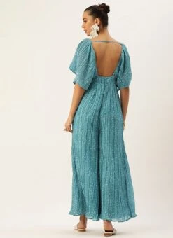 Blue N White Printed Pleated Georgette Jumpsuit Festive Wear After Six Wear -ZariGrace Shop Blue N White Printed Pleated Georgette Jumpsuit DRBS02211146 b