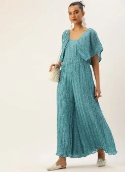 Blue N White Printed Pleated Georgette Jumpsuit Festive Wear After Six Wear -ZariGrace Shop Blue N White Printed Pleated Georgette Jumpsuit DRBS02211146 u