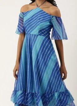 Blue Organza Printed Dress Party Wear