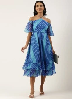 Blue Organza Printed Dress Party Wear -ZariGrace Shop Blue Organza Printed Dress DRBS02205967 u
