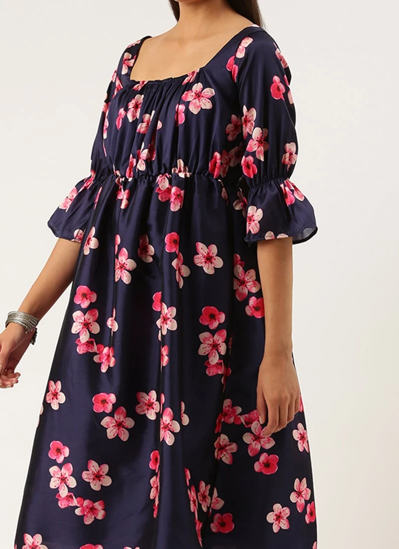 Blue Printed Art Silk Dress Festive Wear 3 Blue Printed Art Silk Dress Festive Wear