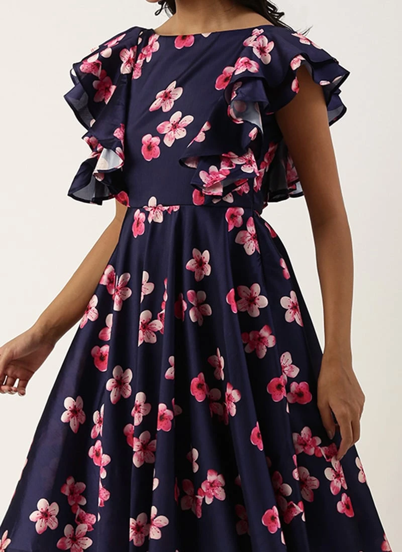 Blue Printed Art Silk Ruffled Dress Festive Wear 3 Blue Printed Art Silk Ruffled Dress Festive Wear