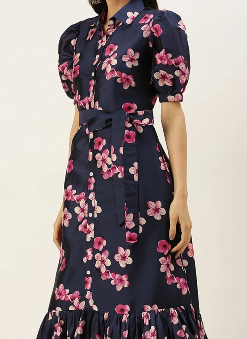 Blue Printed Art Silk Shirt Dress After Six Wear 3 Blue Printed Art Silk Shirt Dress After Six Wear