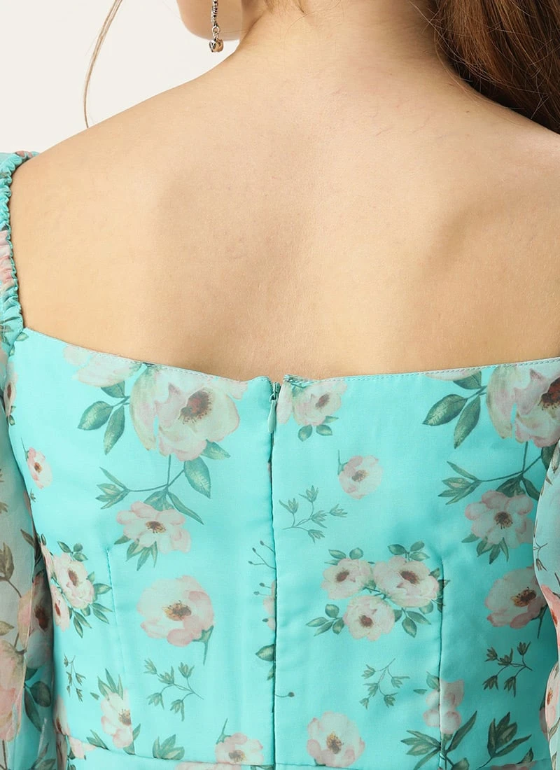 Blue Printed Organza Maxi Dress Festive Wear 8 Blue Printed Organza Maxi Dress Festive Wear - Image 6