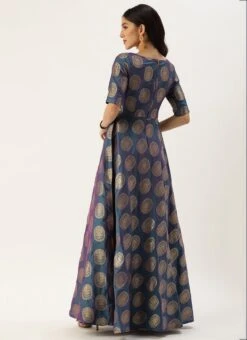 Blue Taffeta Jacquard Half Circular Dress Festive Wear -ZariGrace Shop Blue Taffeta Jacquard Half Circular Dress DRBS02204663 b