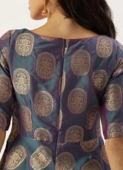 Blue Taffeta Jacquard Half Circular Dress Festive Wear -ZariGrace Shop Blue Taffeta Jacquard Half Circular Dress DRBS02204663 rrc2