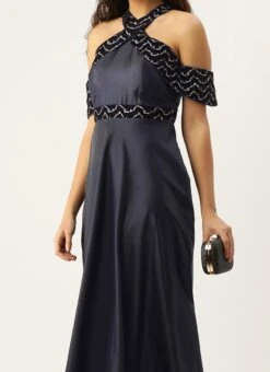 Blue Velvet Embroidered Off Shoulder Dress Festive Wear Party Wear