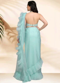 Blue Viscose Organza Ruffled Saree Wedding Wear -ZariGrace Shop Blue Viscose Organza Ruffled Saree SAMCAA025 b