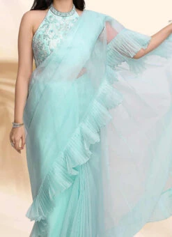 Blue Viscose Organza Ruffled Saree Wedding Wear