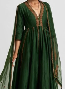 Bottle Green Chanderi Silk Anarkali Suit Wedding Wear