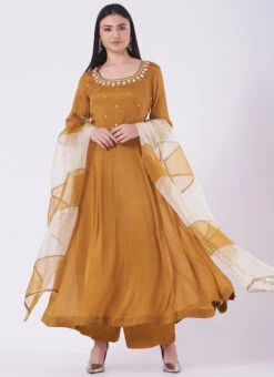 Brown Chinon Silk Mirror Work Anarkali Suit Wedding Wear -ZariGrace Shop Brown Chinon Silk Mirror Work Anarkali Suit SLDVC164 u