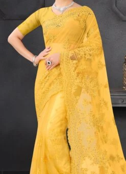 Butter Yellow Net Thread Embroidery Saree Party Wear
