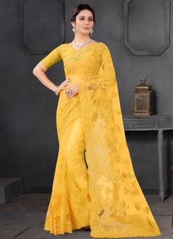 Butter Yellow Net Thread Embroidery Saree Party Wear -ZariGrace Shop Butter Yellow Net Thread Embroidery Saree SASUN1029 u