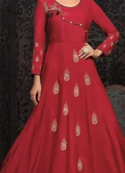 Coral Red Embroidered Anarkali Gown Party Wear
