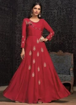 Coral Red Embroidered Anarkali Gown Party Wear -ZariGrace Shop Coral Red Embroidered Anarkali Gown BGWSLI1603 u