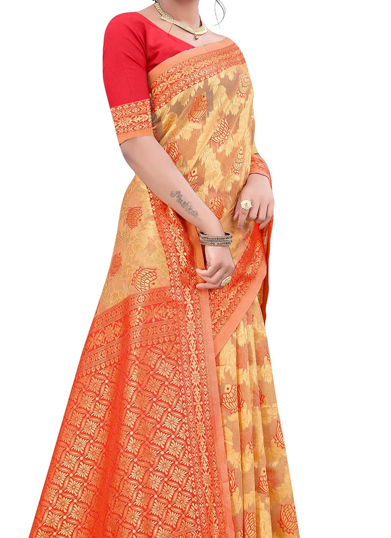 Cotton Woven Work Beige N Red Saree Festive Wear 3 Cotton Woven Work Beige N Red Saree Festive Wear