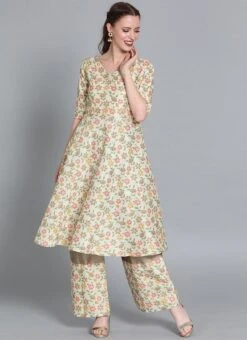 Cream Embroidered Kurta N Wide Leg Pant Festive Wear -ZariGrace Shop Cream Embroidered Kurta N Wide Leg Pant KSBS01911761 u